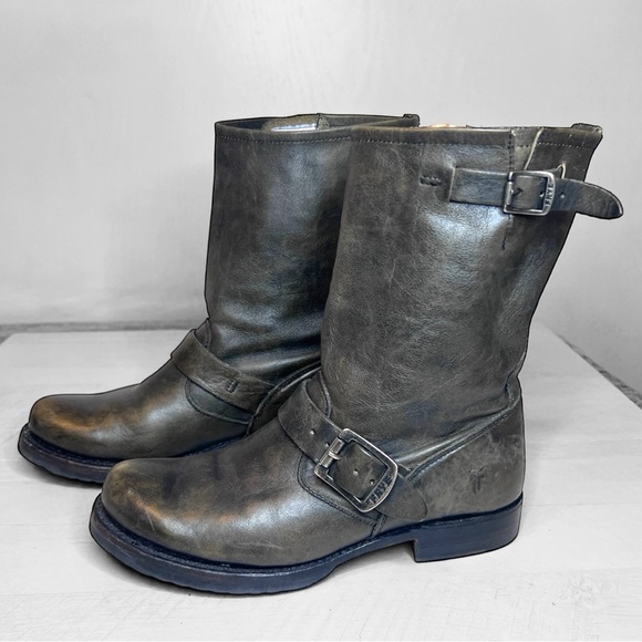 Frye Veronica Short Burnished Antique Gray Slouch Engineer Moto Boots - Picture 3 of 16